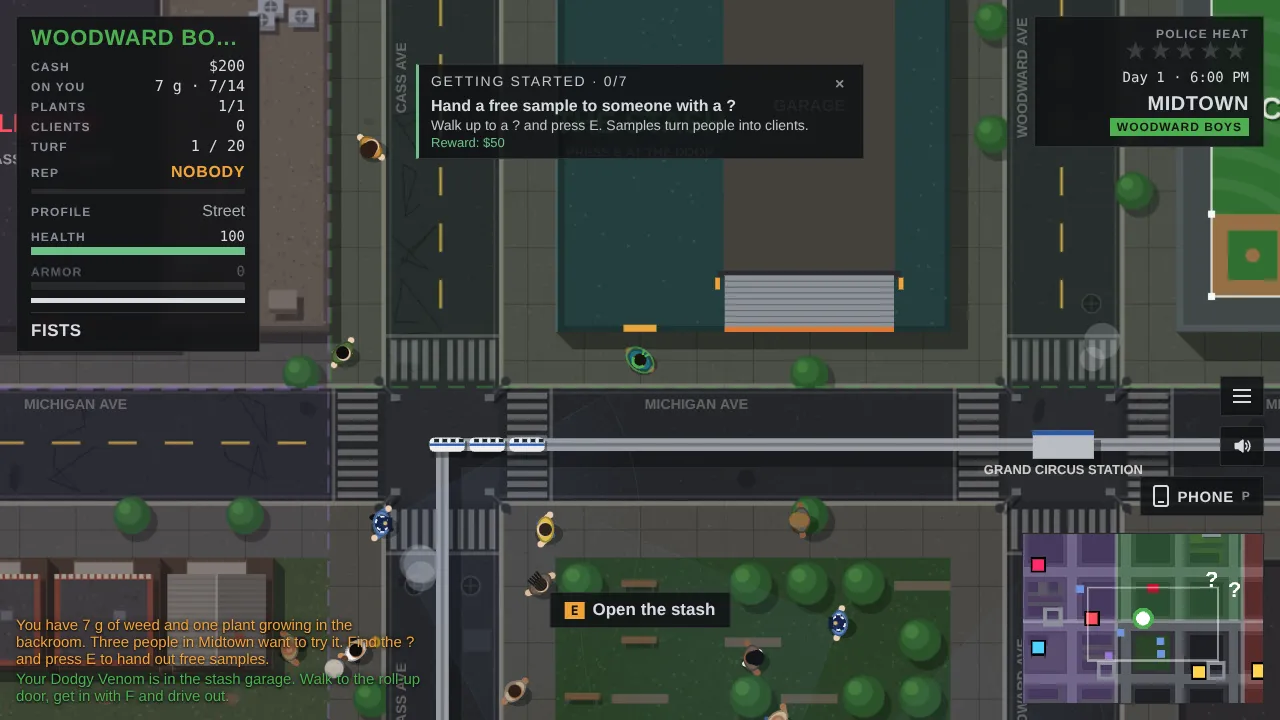 Motor City Turf Wars: top-down view of downtown Detroit streets with the crew HUD and minimap