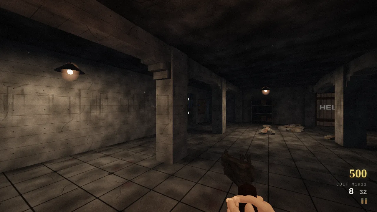 Zod Combies: a dim lamp-lit bunker seen over the barrel of a pistol